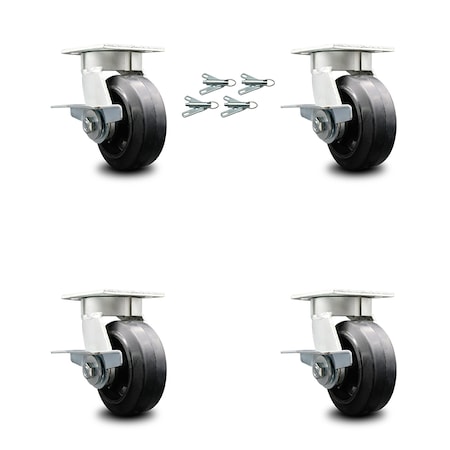 Service Caster 5 Inch Kingpinless Rubber on Steel Wheel Caster Set Brake and Swivel Lock SCC SCC-KP30S520-RSR-SLB-BSL-4